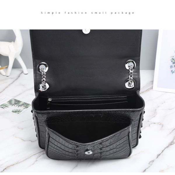 Exotic Genuine Crocodile Skin Silver Chain Lady Purse Real True Alligator Leather Women Purse Female Single Shoulder Bag