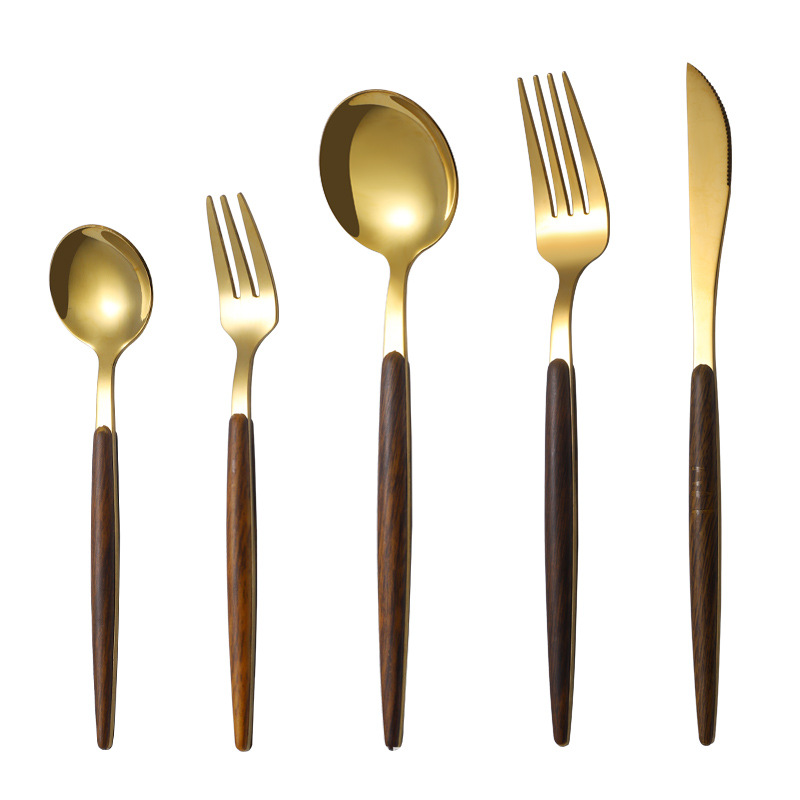 Flatware кухни устанавливает ложку ножа вилки набора обедающего деревянного зеркала ручки 5PCS полируя