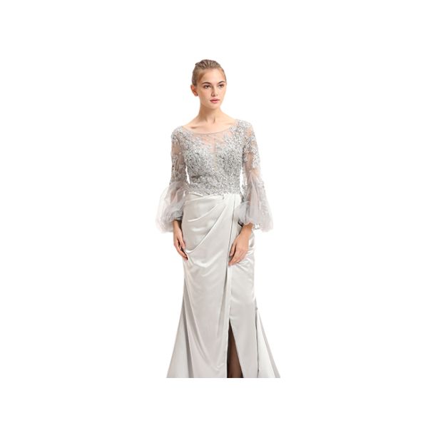 Grey Color Forging Long Sleeve Evening Dresses / O Neck Embroidery Prom Party Dress