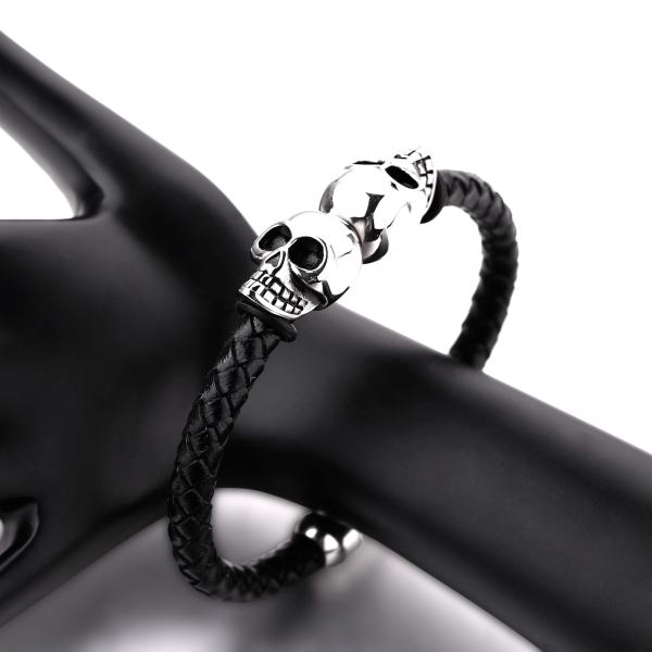 Fashion jewelry custom engraved leather bracelet stainless steel magnetic clasps leather men skull bracelet