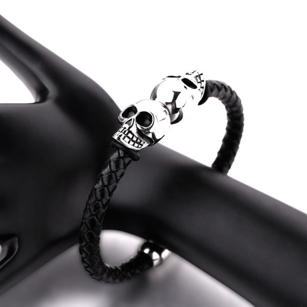 Fashion jewelry custom engraved leather bracelet stainless steel magnetic clasps leather men skull bracelet