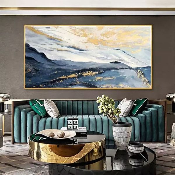 Blue Gold Foil Abstract Landscape Oil Painting On Canvas Hand Painted Modern Textured Medium Oil