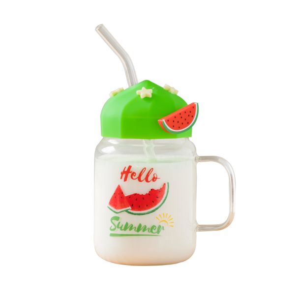 Taza de vidrio transparente de verano para fruta, taza de vidrio de alta temperatura, linda, de gran capacidad, con tapa y pajita, para estudiantes y niñas, taza para desayuno con leche
