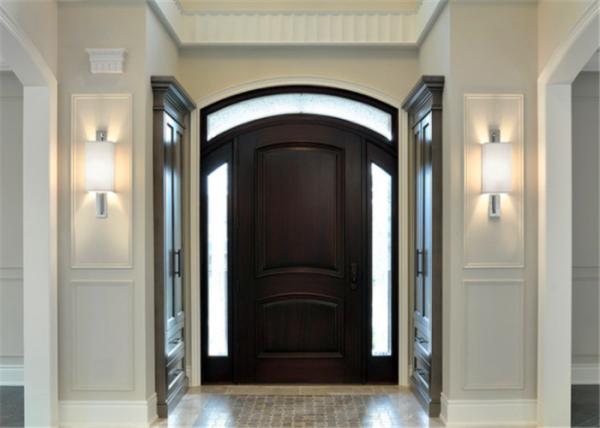 Double Leafs Israel Solid Wood Exterior Front Doors Tempered Glass For Villas Teak Color