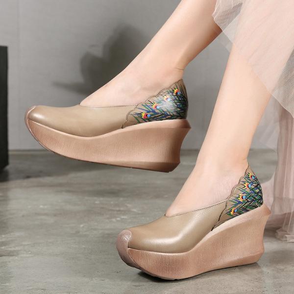 S421 Original Hand-Painted Peacock Ling Ethnic Style Single Shoes Retro Slope Heel Thick Bottom Increased Leather