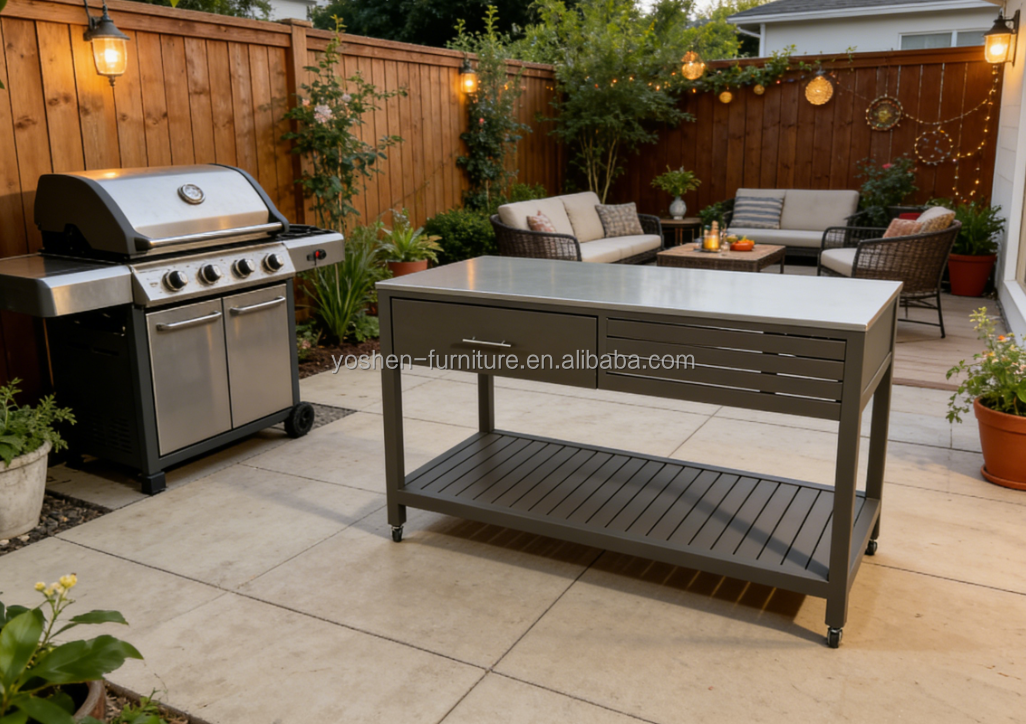 Hotel Heavy Duty Stainless Steel Kitchen Cart with Locking Wheels and Drawers for Poolside Grilling