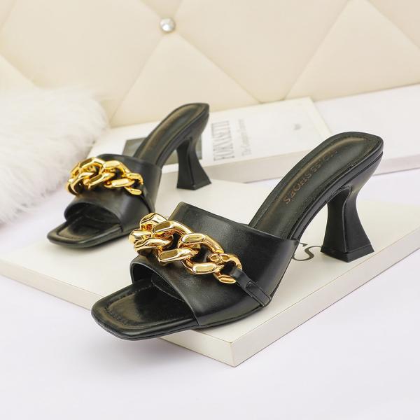 2035-3 Fashion Sexy High-Heeled Sandals Open Toe Thin Sandals Thick With Net Red Two-End Metal Chain Women'S Shoes High-