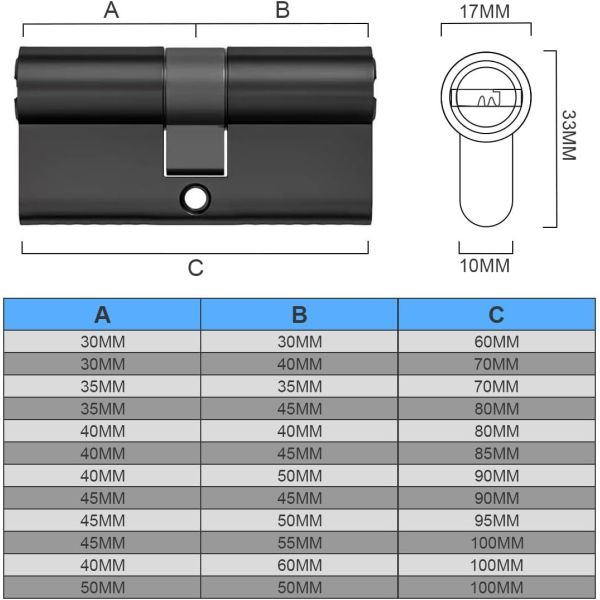 Black Euro Cylinder Lock Polish Chrome Plated Solid Brass Body with S Type Key BRASS DOOR CYLINDER