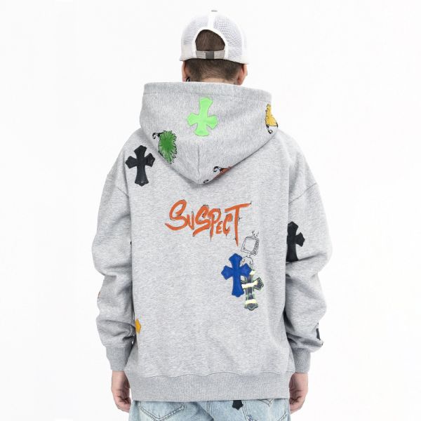 Casual Unisex Black Plus Size Plain Heavy Hoodies Sweatshirts Embroidered Printing