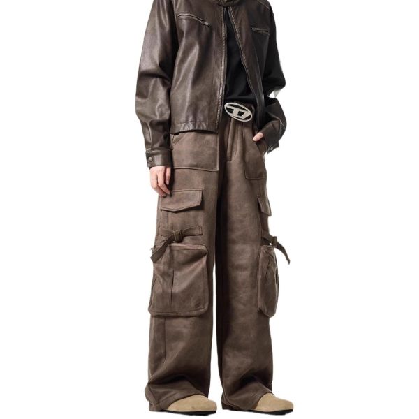 Loose Straight Leg Casual Trousers for Men Vintage Multi-Pocket Deerskin Overalls