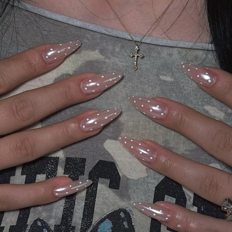 Long Nude Almond Cat Eye Press On Nails MSDS Polka Dot Fake Nails