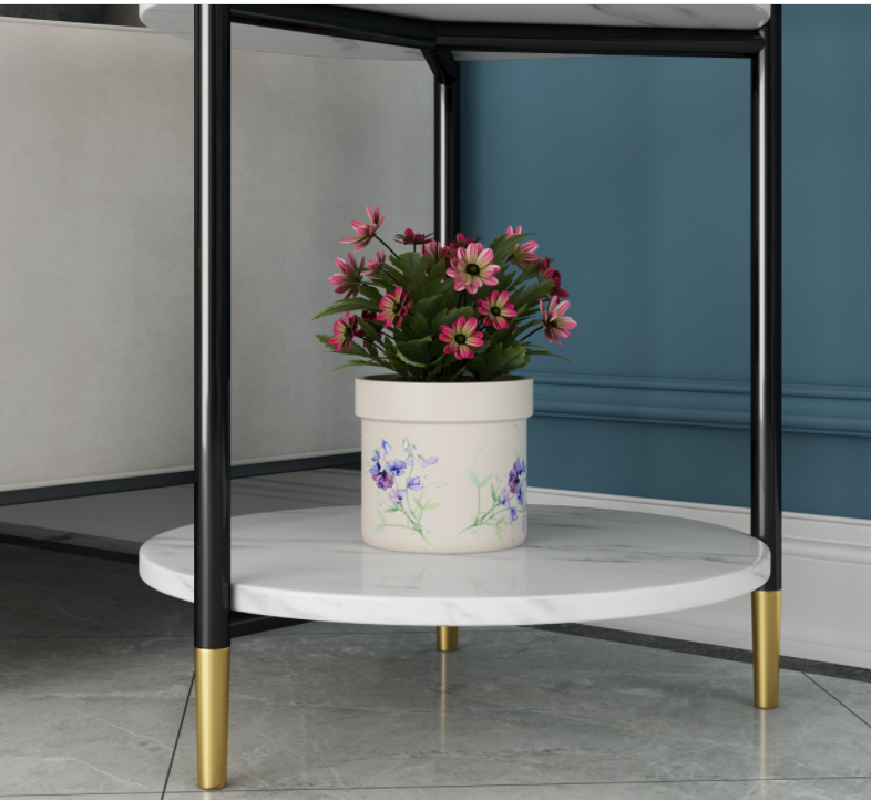 Two Tier Round Marble Coffee Table , Steel Frame Marble Top Tea Table