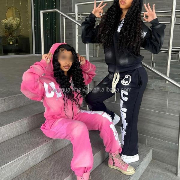 Custom Zip up Sweatsuit Acid Wash Applique Patch Embroidery Distresses Hoodie Jogging Tracksuit Flared Sweatpants and Hoodie Set