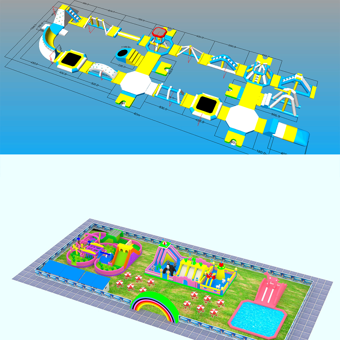 Modular Inflatable Water Park with Custom Floating Obstacle Course Slides Climbing Elements And Connected Play Platforms for Lake Resort Beach And Large Outdoor Aqua Recreation Projects