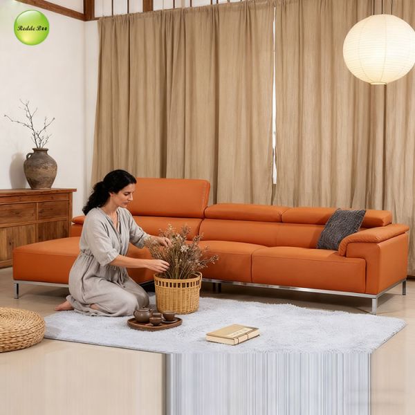 Beige Orange Brown PU Leather Sectional Couch Sofa 40D Sponge Customizable