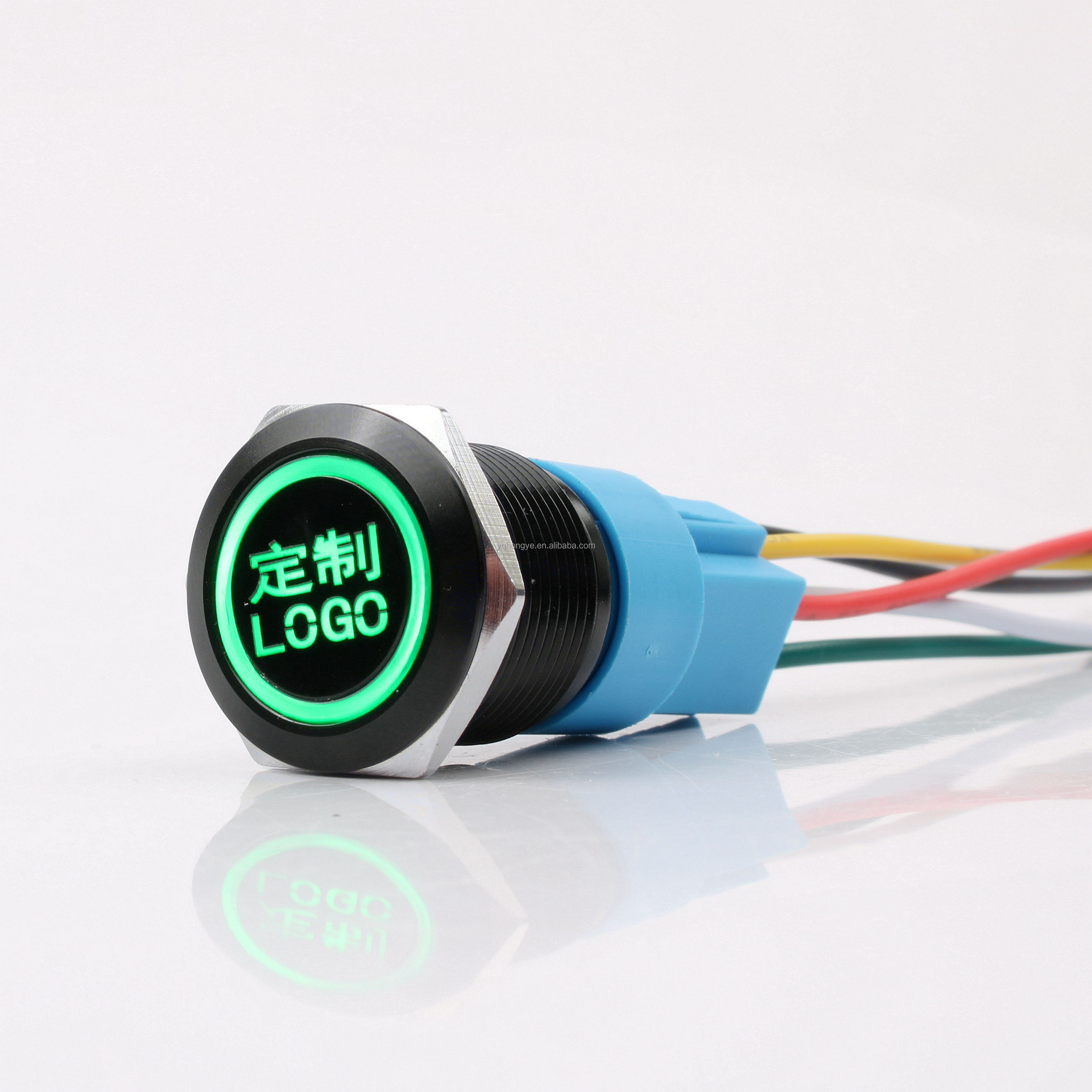 19mm Metal Push Button Switch Customizable LED Logo-IP65 Rated 220V Latching/Momentary (Black/Silver Shell) 1NO1NC Connector