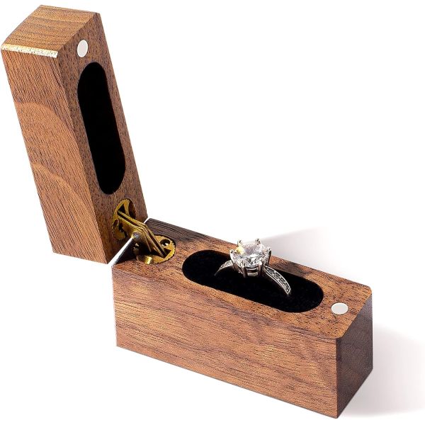 Customized Wooden Engagement Ring Box Small Slim Flat Ring Case for Proposal,Wedding