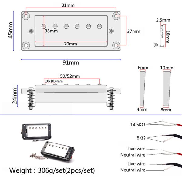 Двойная катушка пикап Humbucker LP Электрическая гитара Шейка 8k & мост 14.5k Металл с витками