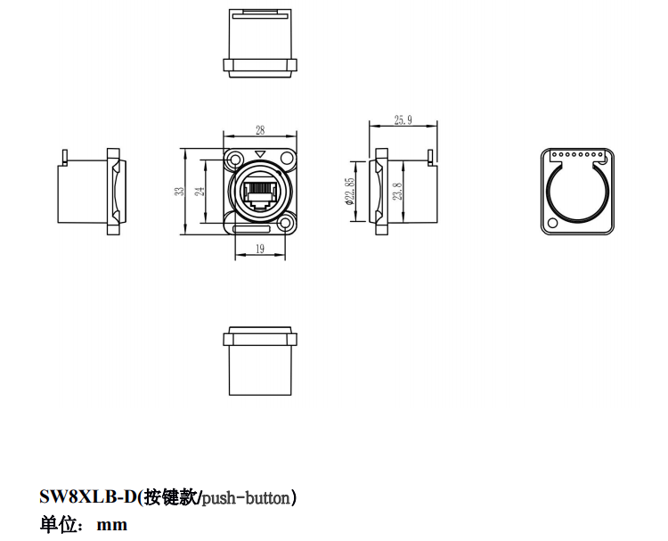Single Row Panel Mount Ethernet Socket Waterproof IP68 RJ45 Connector