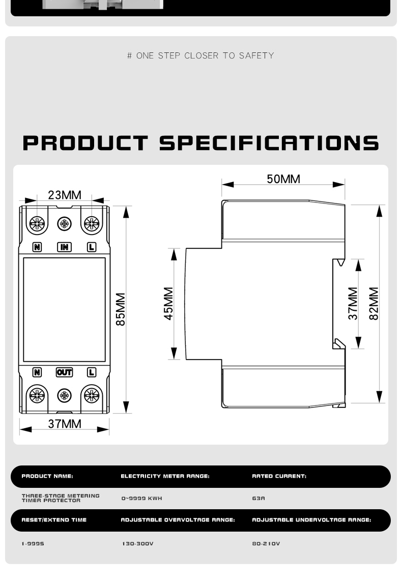 Rail-mounted digital display rocker switch self-reset over/under voltage protector 40A 63A for home use, delay 220V