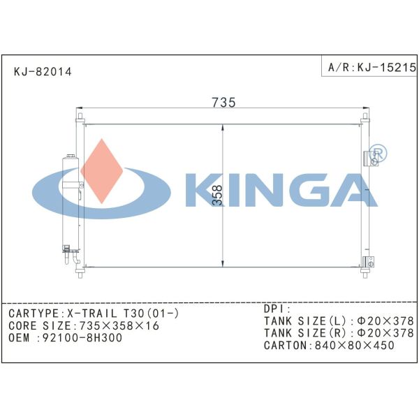 X-Trail T30 2001 Auto Car Nissan Condenser 92100-8h300 / Water - cooled Air Conditioning Condenser Radiator