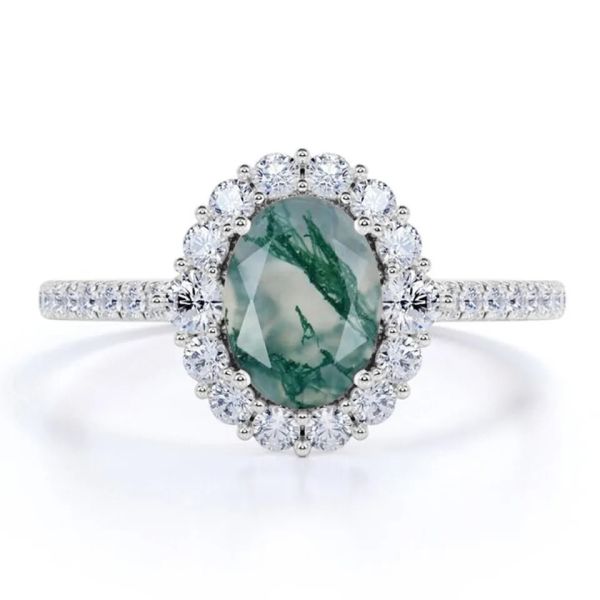 Anneau naturel d'usine de conception de Moss Agate Rings Top Quality de bijoux blancs uniques de S925 Rose Gold Plated Round Cut CZ