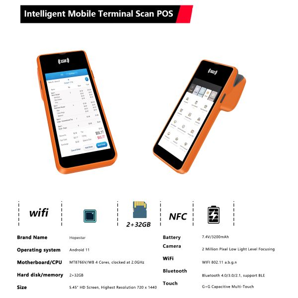 Ultra-Thin 5.45 Inch Android 11 SoftPOS Handheld POS Terminal NFC WIFI and 58mm Thermal Receipt Printer for Retail Stores