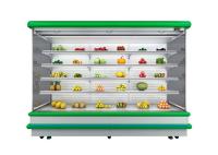 O congelador comercial aberto da exposição do hipermercado para a carne ventila refrigerar