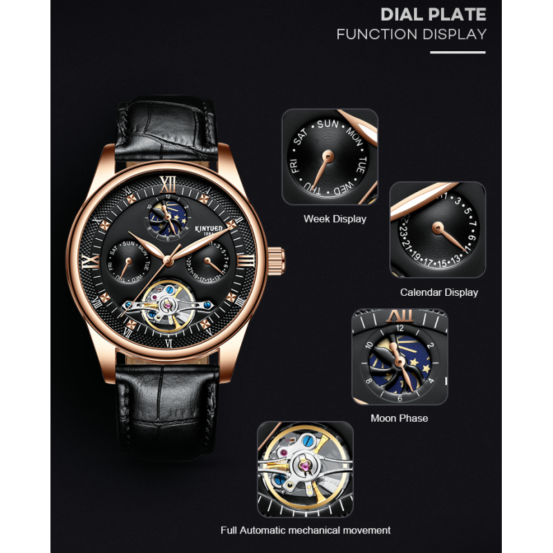 KINYUED genuine leather tourbillon mens automatic watch  men moon phase watch men wristwatch