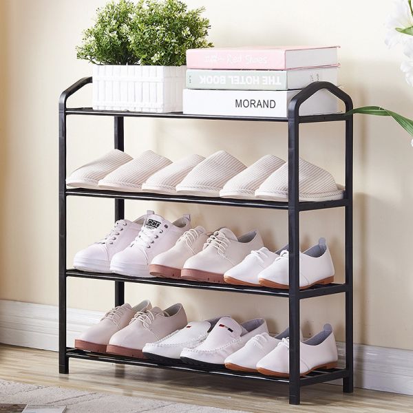 Oem 4 Tier Small Shoe Rack Organizer Black Metal Iron Curved Handle