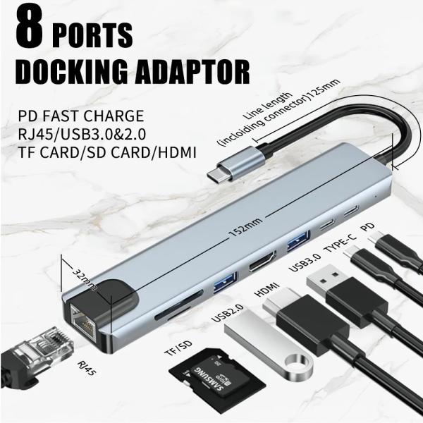 3840*2160 30HZ 8 In 1 USB C HUBs For Macbook Pro PD Charge 8 Ports Dock Station 10Gbps