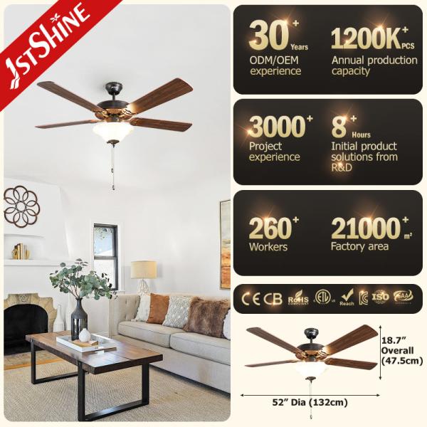 Ventilador de teto retrô tendência Nova 5 lâminas de MDF com luzes Traditional Chain Pull