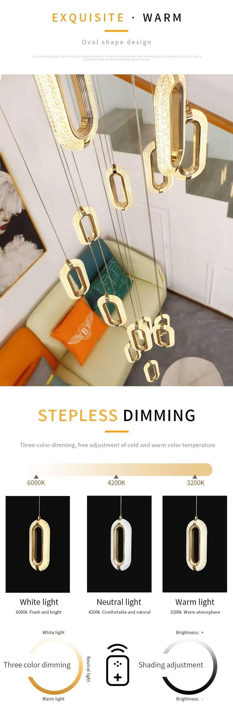 3200-6500K Trois couleurs de changement de lumière lampadaire LED moderne luxe de lumière ovale acrylique pendentif pour la maison et le restaurant