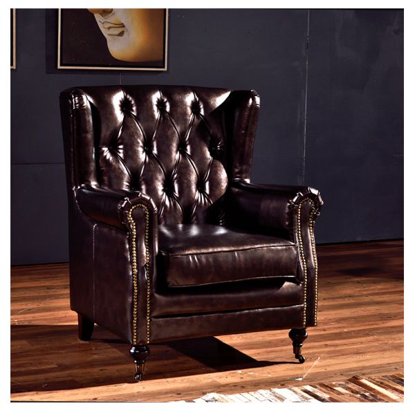Nidea #8816 Luxury Leisure Antique Armchair Chesterfield Vintage Tan Leather Buttons Tufted Wingback Chair for  Lounge