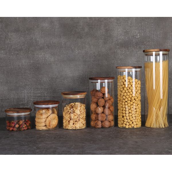 Custom Capacity Stocked Sealed Clear Round Borosilicate Glass Packaging Containers Jar with Wood Lid