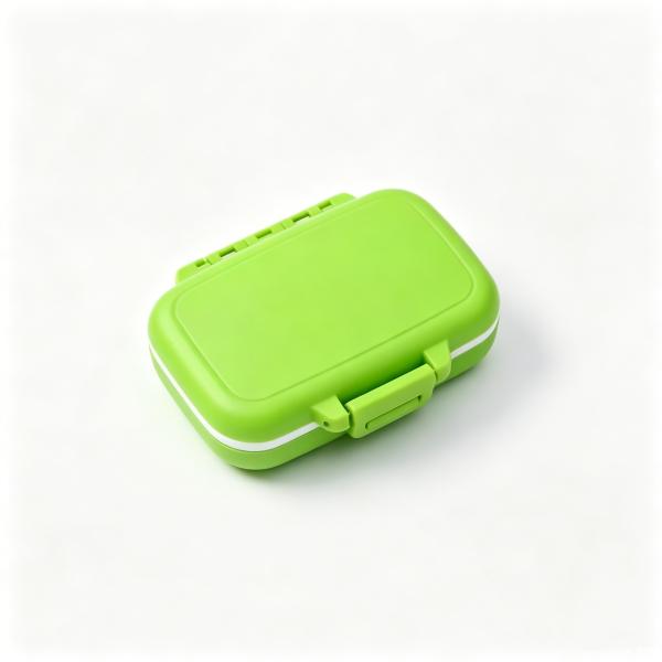 Portable travel-friendly, eco-friendly wheat straw pillbox for storing medicines taken three times a day, morning and evening.
