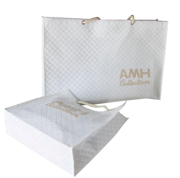 Bridal White Quilted NonWoven  Fabric  Small Square Veins Burning Letter Logo Cotton Rope