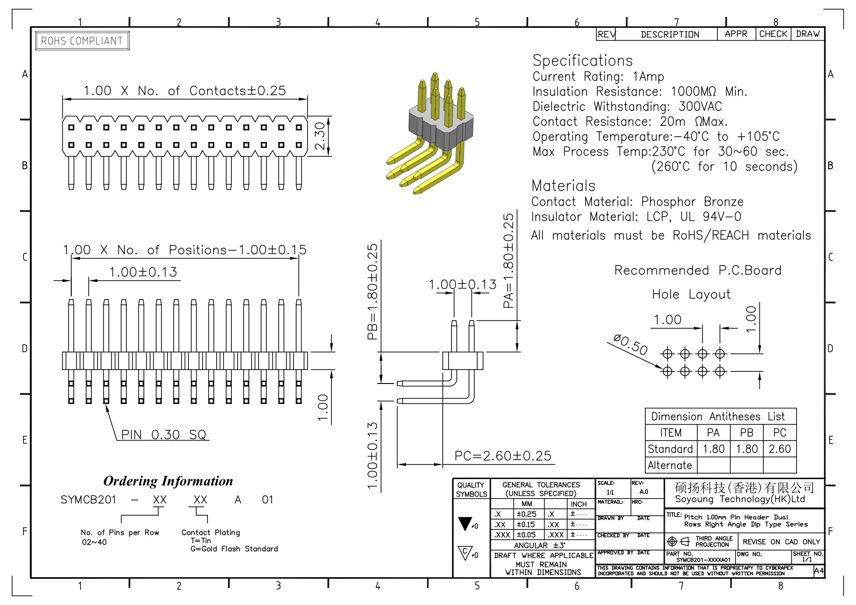гнездового разъема заголовка Pin строки 1.00mm тип 2 *2PIN двойного R/A к 2*40PIN