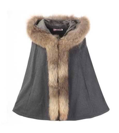 Sleeveless Woolen Winter Outerwear S-XL , Hooded Cloak Coat with Rabbit Hair