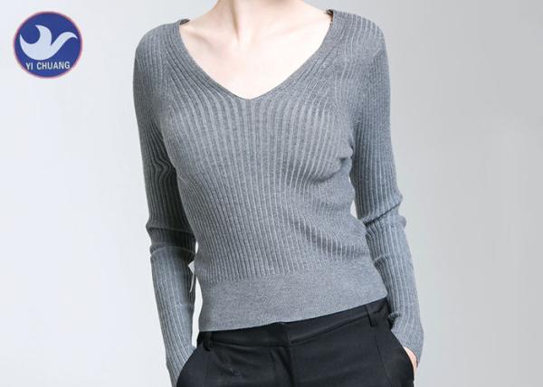 Ribbed Womens Knit Pullover Sweater V Neck Tight Fit Lady Knitwear