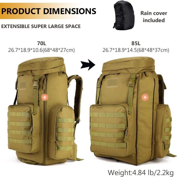 Tactical Military Army Backpack, Tactical Hiking Daypack 70-85L Military MOLLE Assault Backpack Army Traveling Campi