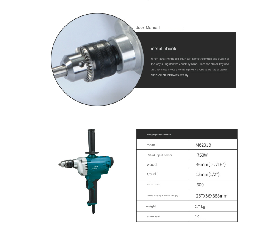 Makita M6200 800W Corded Mixer Drill 13mm Keyed Chuck 0-700RPM Variable Speed Electric Drill for Plaster Paint Mud Mixing & Drilling
