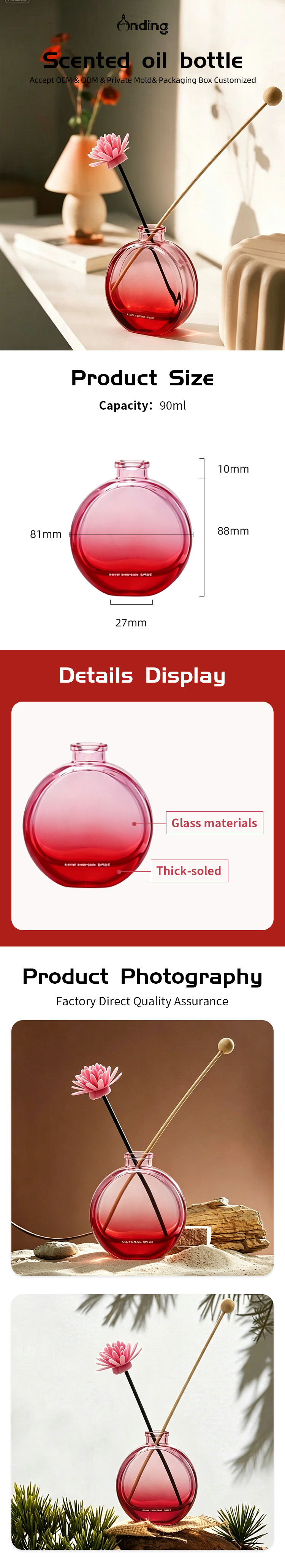 Anding 90ml Round Home Room Aromatherapy Fragrance Bottle Custom Empty Glass Luxury Aroma Reed Diffuser Bottle