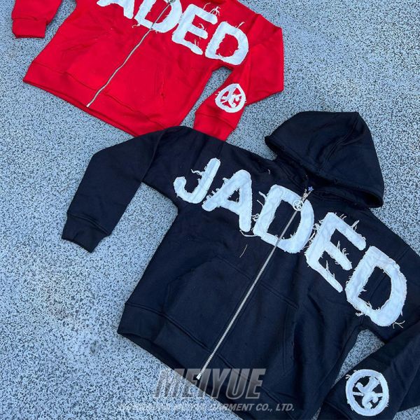 Embroidery logotipo lavado con ácido con capucha ropa callejera angustiada con capucha negra anti arrugas