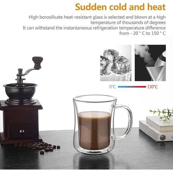 Borosilicate Glass Double Walled Coffee Mug Heat Resistant Glass Coffee Cup With Handle