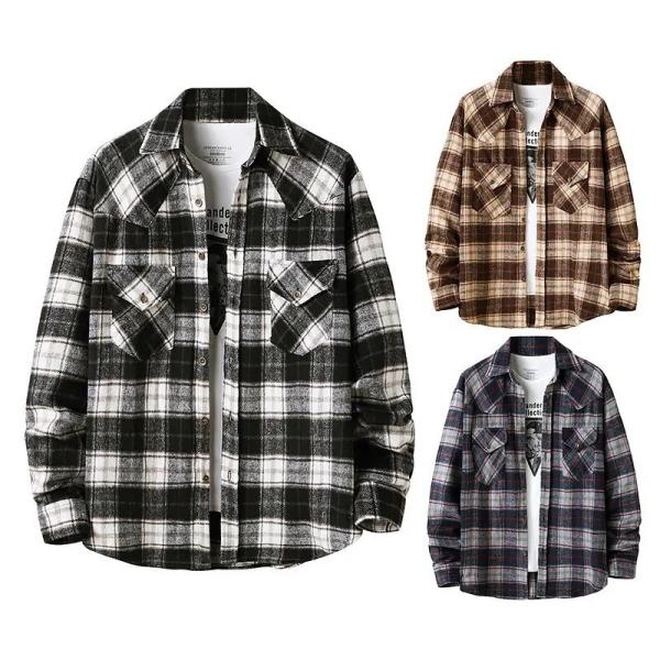                  Men Flannel Plaid Shirt Cotton-Padded Thermal Shirts Mens Sports Shirts Fall             