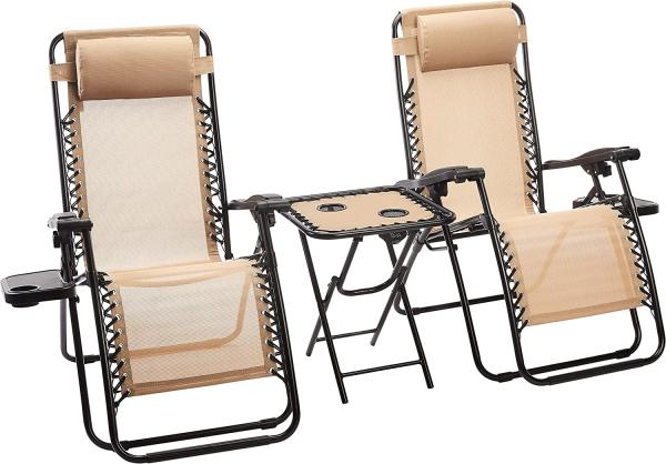 Outdoor Textilene Adjustable Zero Gravity Folding Reclining Lounge Chair With Pillow, 26, Beige