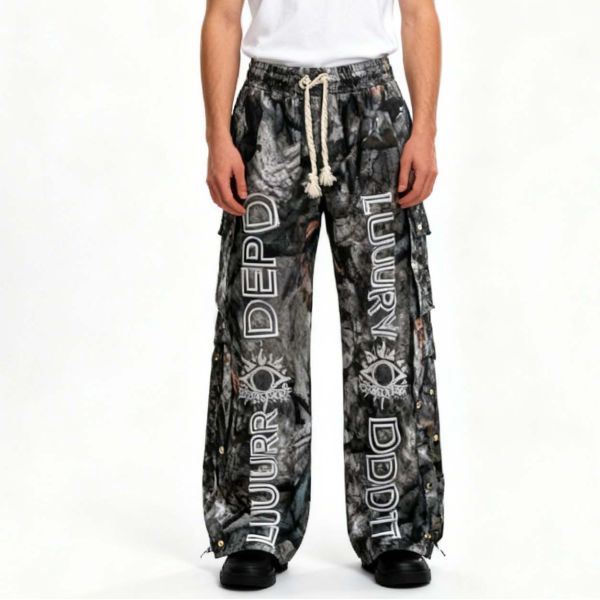 Custom Graffitiy Vintage Wide Leg Track Sweatpants Printed Patterned Joggers Acid Wash Baggy Nylon Camo Oversized Pants for Men