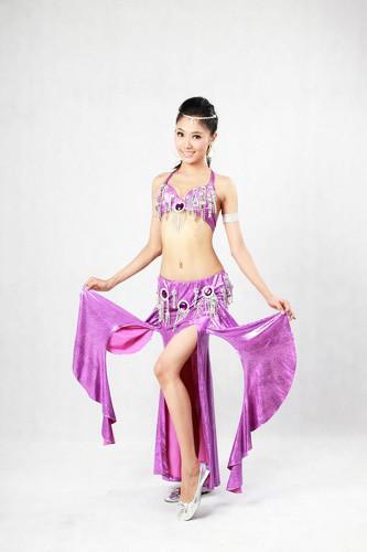 2pcs Lyrical Purple Halter Neck Metallic Bras & Skirt Belly Dancing Clothes