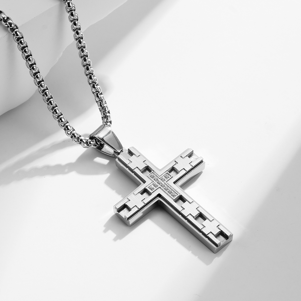 Engraved Design Stainless Steel Gold Plated Cross Pendant Necklace Christian Religious Custom LOGO Pendant